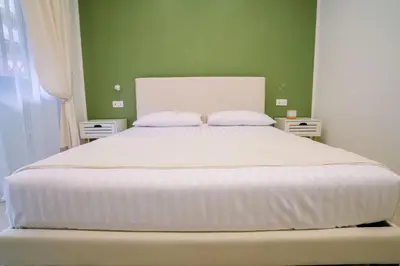 a bedroom with a large white bed with green walls at 4 Seasons Roma Trastevere in Rome