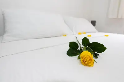 a yellow rose sitting on a white bed at Domus Aurea a stone's throw from the Colosseum in Rome