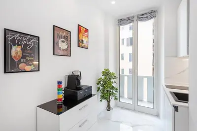a white kitchen with a plant on a counter at Eternal House Caulonia in Rome
