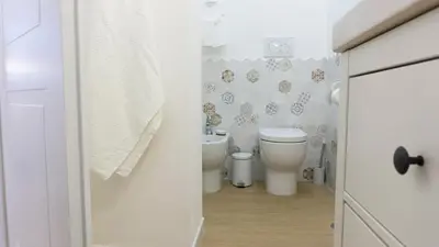 a white bathroom with a toilet and a sink at Armonia Mediterranea Apartments in Rome
