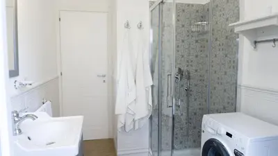 a bathroom with a shower and a sink and a washing machine at Armonia Mediterranea Apartments in Rome