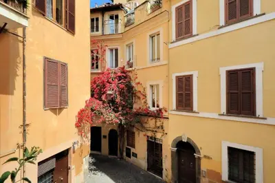 an alley between two buildings with red flowers at Valentina's studio in Rome
