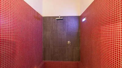 a red tiled shower with a red tile wall at Ostilia Loft in Rome