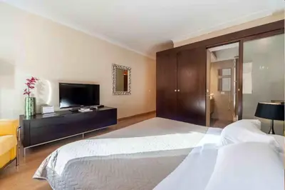 a bedroom with a large bed and a flat screen tv at Charming in Rome