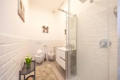 a white bathroom with a shower and a toilet at Open Space Moderno a 20 Minuti dal Colosseo vicino alla Metro A e C in Rome