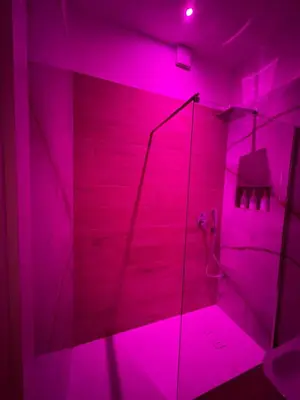 a pink bathroom with a shower with a toilet at Gianvenuti House Rome - Metro A with Jacuzzi in Rome