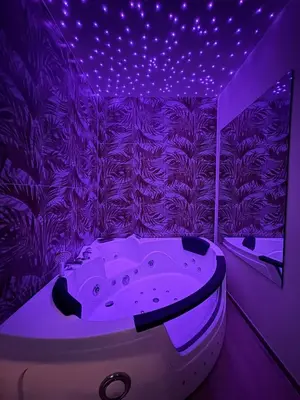 a purple bathroom with a tub and a window at Gianvenuti House Rome - Metro A with Jacuzzi in Rome