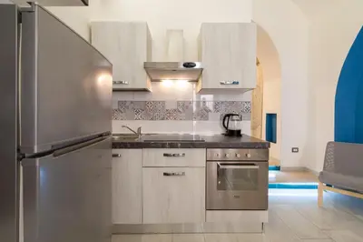 a kitchen with a stainless steel refrigerator at lollo's home in Rome