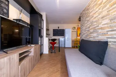 a living room with a couch and a brick wall at ht movie flat bilo in Rome