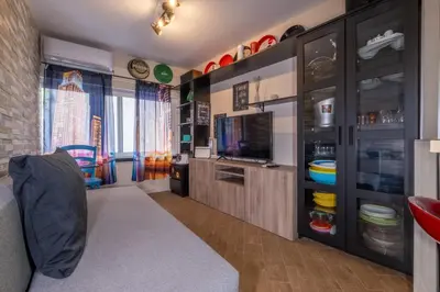 a living room with a couch and a television at ht movie flat bilo in Rome