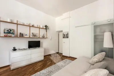 a white living room with a couch and a tv at Vatican Gallery Apartment in Rome