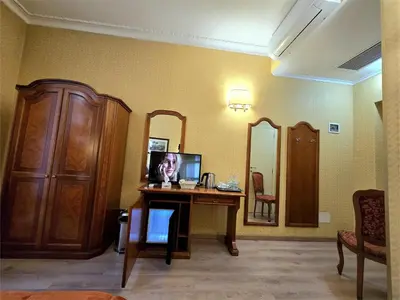 a wooden cabinet with a fireplace in a room at Hotel Amadeus in Rome