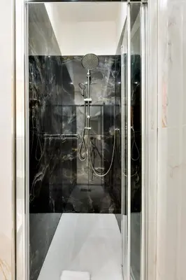 a shower in a bathroom with a black wall at Il Rifugio del Re in Rome