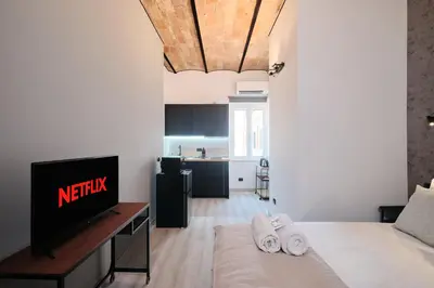 a living room with a bed and a tv at Circo Massimo Suite - In the heart of Testaccio in Rome