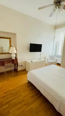 a bedroom with a bed and a desk with a television at Anna Stellarum in Rome