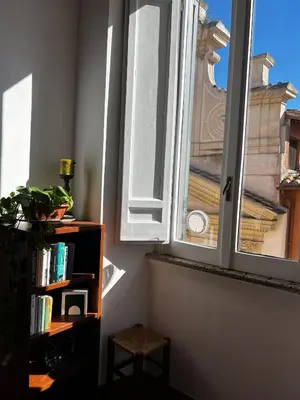 a room with a book shelf and a window at Finestre sul Tevere in Rome