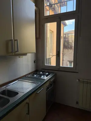 a kitchen with a sink and a window and a stove at Finestre sul Tevere in Rome