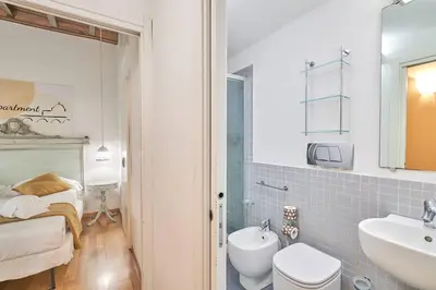 a bathroom with a sink and a toilet and a bed at Trinity Apartment in Rome