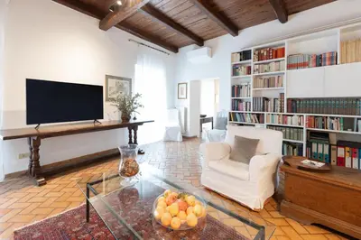 a living room with a television and bookshelves at 346aarome Rome Vaccarella Terrace in Rome