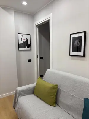 a living room with a couch with a green pillow at Masonber trastevere centro Wi-Fi free balcone metro in Rome