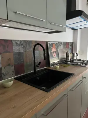 a kitchen with a black sink in a kitchen at Terni 74 V&B Rock House in Rome