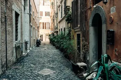 an alley in an old city with a cat sitting on the street at Roma Suite Piazza Navona in Rome