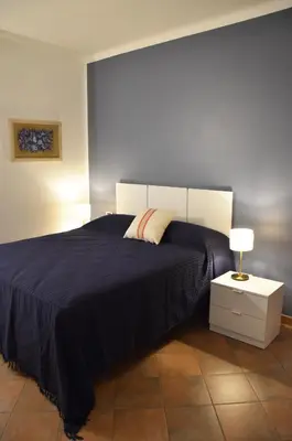 a bedroom with a bed with a black blanket and a lamp at casa di Stefano in Vaticano in Rome