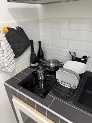 a kitchen counter with a stove with pots and pans at Nest Love collazia Roma 1500 mt dal Colosseo in Rome