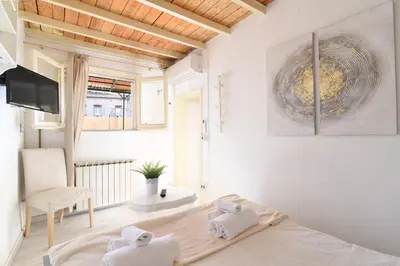 a white bedroom with a bed and a tv at Navona studio with terrace Backpackers in Rome