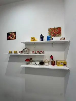 two white shelves in a white wall with items on them at Appartamento a Roma vicino Metro Vittorio Emanuele in Rome