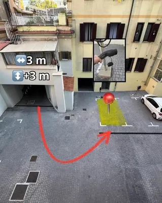 an aerial view of a parking lot with a red arrow at La Saponeria - Roma Centro - Free Parking in Rome