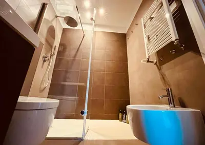 a bathroom with a shower with a toilet and a sink at Attico 22 in Rome