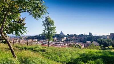 a view of a city from a hill with trees at Fontana di Trevi Apartment, 24h check-in in Rome