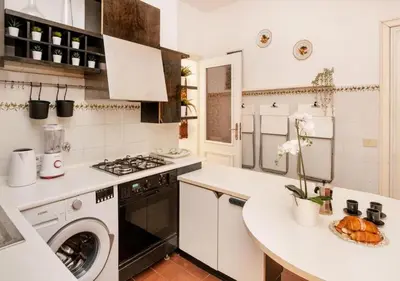 a white kitchen with a washing machine and a sink at Luxury in Rome Panoramic terrace Fontana di Trevi in Rome