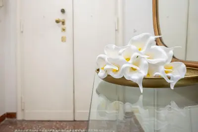 a white flower sitting on a chair in front of a door at Exclusive View Rome I Residenza di Prestigio I 5 min metro Colosseo in Rome