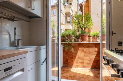 a kitchen with a view of a balcony with potted plants at Casa Luisa - WelcomeToRhome in Rome