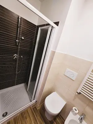 a bathroom with a toilet and a glass shower at Susys's Guest House - Room Castel Sant'Angelo in Rome