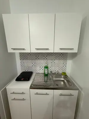 a small kitchen with a sink and white cabinets at Two Ducks Hostel in Rome