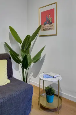 a living room with a blue couch and a plant at Cinema Design Home San Giovanni in Rome