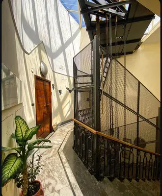 a hallway with a staircase with a door and a plant at Residenza Merulana in Rome