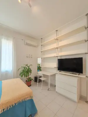a bedroom with a bed and a desk with a television at Quiet, Cozy flat near citycenter in Rome