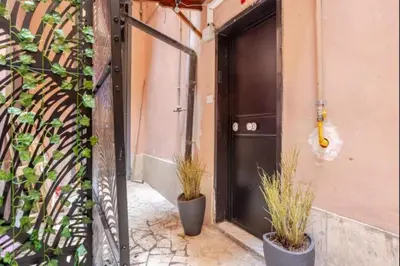 a black door with two potted plants next to it at Urbanflat Termini in Rome