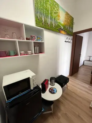 a living room with a microwave and a table at Vatican Artstudio in Rome