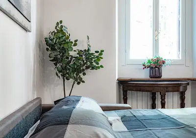 a bedroom with a bed and a plant next to a window at Trastevere Urban Loft in Rome