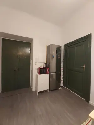 a kitchen with two green doors and a refrigerator at Caserina Lux Roma in Rome