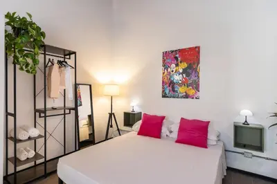 a bedroom with a bed with pink pillows and a tv at Loft Ostiense Green in Rome