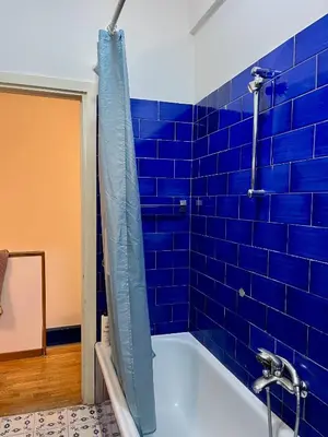a blue tiled bathroom with a tub with a shower at Trastevere Hideaway in Rome