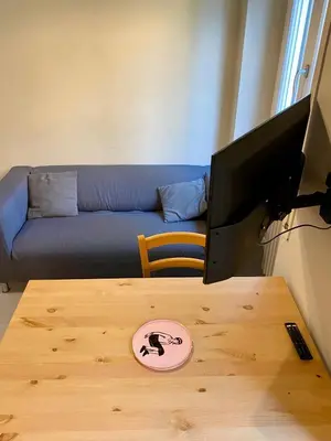 a living room with a couch and a table with a monitor at Balduina Boutique Apartment in Rome