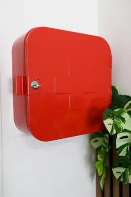 a red box on a wall with a plant at Step to the Vatican in Rome