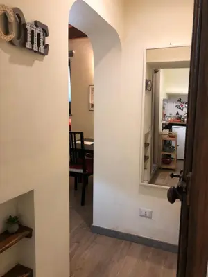 a hallway leading into a living room with a mirror at Trastevere Holiday Home in Rome